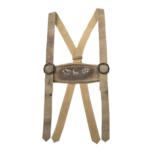 Tan suspenders with decorative buckle on a white background