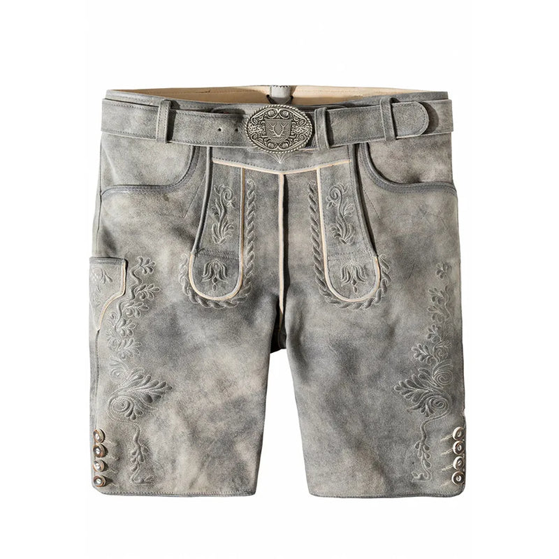 Gray leather shorts with decorative stitching on a white background