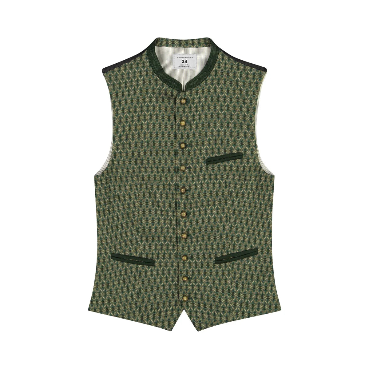 Green patterned vest with buttons on a white background