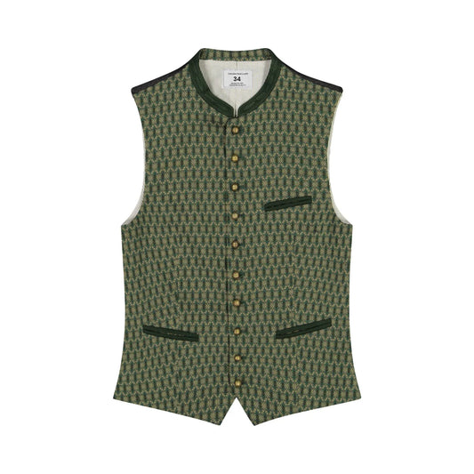 Green patterned vest with buttons on a white background