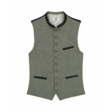 A traditional German vest in grey with a geometric pattern, featuring three pockets and a velvet collar.