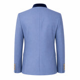 The back view of a men's blazer in a heathered medium blue fabric, featuring a contrasting dark navy collar and gold button accents on the cuffs.