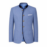 A men's light blue blazer jacket with a mandarin collar, dark navy trim, gold-tone buttons, and a white pocket square, shown on a plain white background.