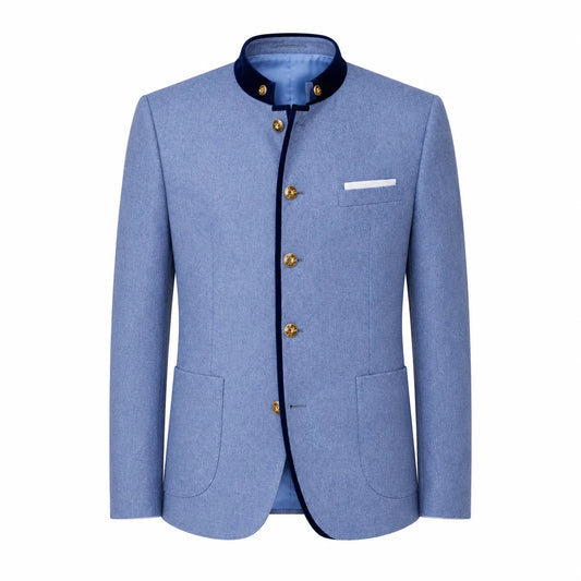 A men's light blue blazer jacket with a mandarin collar, dark navy trim, gold-tone buttons, and a white pocket square, shown on a plain white background.