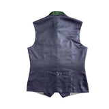 Back view of a dark blue patterned vest on a white background