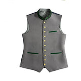 Gray vest with green accents and yellow buttons on a white background