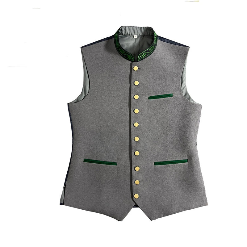 Gray vest with green accents and yellow buttons on a white background