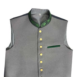Gray vest with green embroidery and gold buttons on a white background
