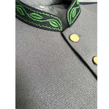 Gray coat with green embroidered collar and gold buttons on a white background