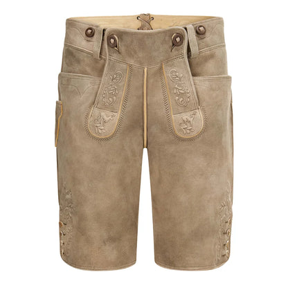 Brown leather shorts with decorative stitching on a white background