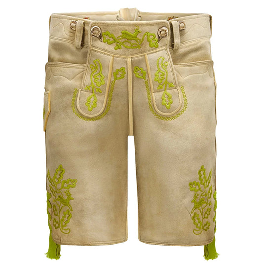 Beige shorts with green embroidery on a white background