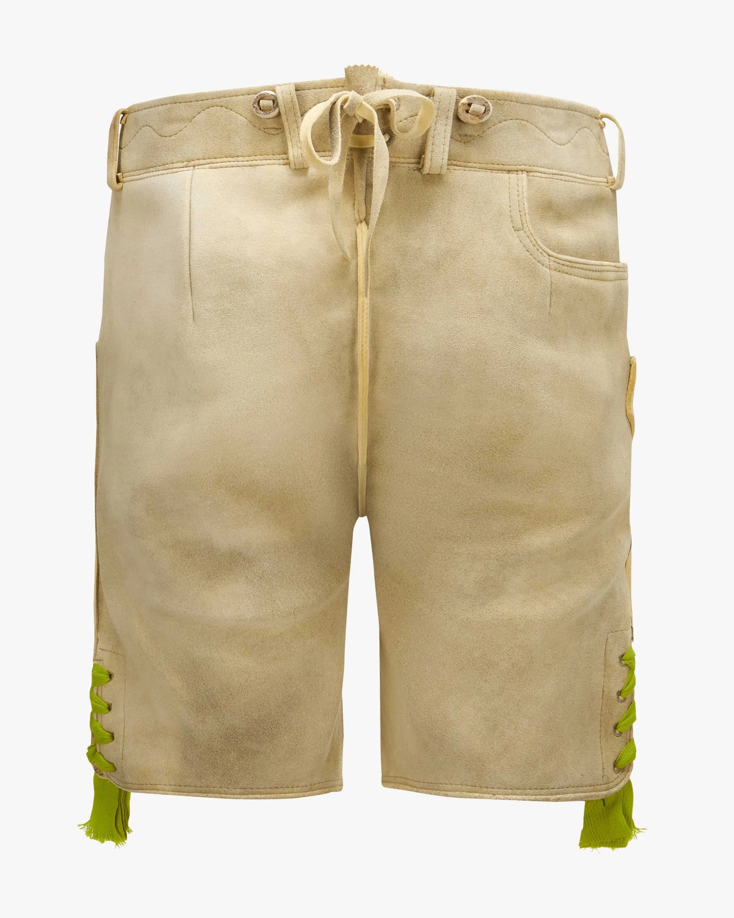 Beige shorts with green accents on a white background
