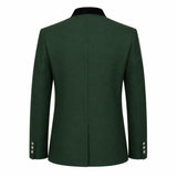 A dark green men's blazer shown from the back, featuring a black collar and silver-toned buttons on the cuffs, set against a plain white background.