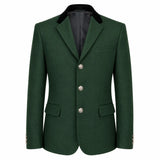 A dark green wool-blend blazer jacket with a black velvet collar, three silver-tone buttons, and flap pockets, shown on a plain white background.