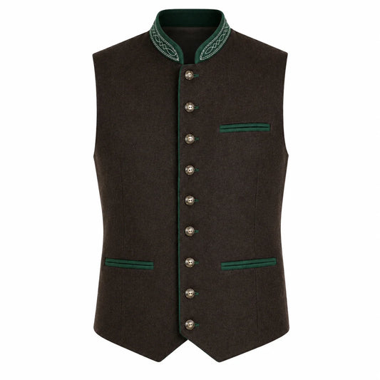 Men's Traditional Brown Trachten Vest with Green Trim