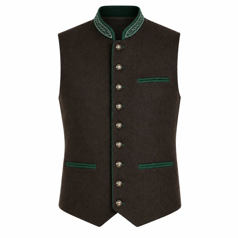 Men's Traditional Brown Trachten Vest with Green Trim