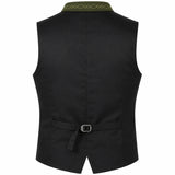 Black waistcoat vest shown from the back, featuring a matching black tie belt with a silver buckle and a green patterned collar trim.