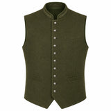 An olive green men's waistcoat vest with a mandarin collar, decorative embroidered trim, a row of silver-tone buttons down the front, and two front welt pockets, shown on a plain white background.