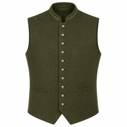 An olive green men's waistcoat vest with a mandarin collar, decorative embroidered trim, a row of silver-tone buttons down the front, and two front welt pockets, shown on a plain white background.