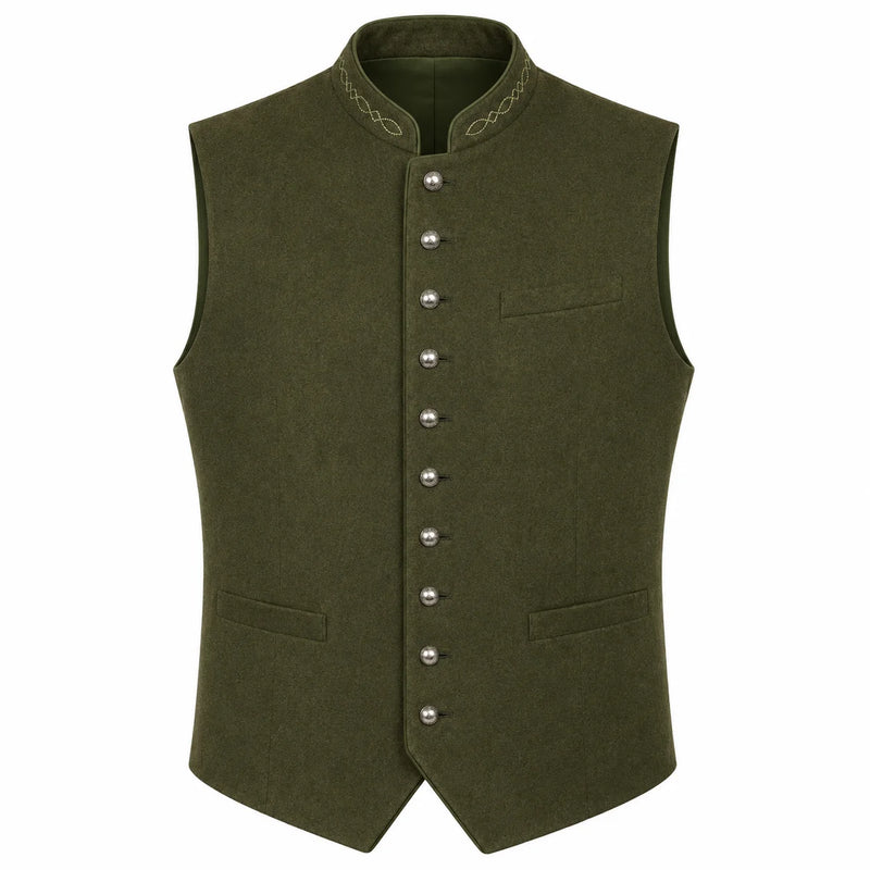 An olive green men's waistcoat vest with a mandarin collar, decorative embroidered trim, a row of silver-tone buttons down the front, and two front welt pockets, shown on a plain white background.