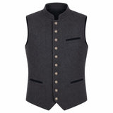 A dark gray wool vest with a mandarin collar, decorative front buttons, and contrast black piping details, shown against a plain white background.