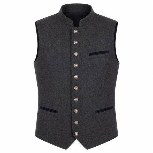 A dark gray wool vest with a mandarin collar, decorative front buttons, and contrast black piping details, shown against a plain white background.