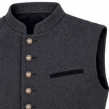Close-up of a dark gray textured waistcoat vest with a mandarin collar, decorative metallic buttons, and a black interior lining.