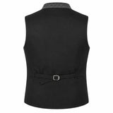 Black sleeveless vest shown from the back, featuring a textured gray patterned collar and a matching tie belt with a silver buckle at the waist, set against a plain white background.