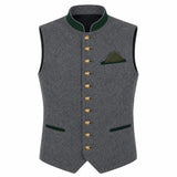 A gray wool-like waistcoat vest with dark green trim on the collar, pocket flaps, and pocket square, accented by a row of gold buttons down the front.
