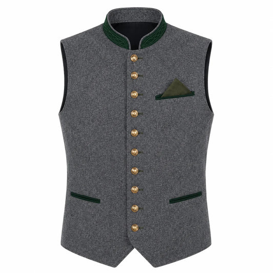 A gray wool-like waistcoat vest with dark green trim on the collar, pocket flaps, and pocket square, accented by a row of gold buttons down the front.