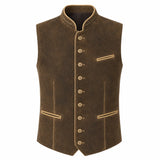A dark brown suede-like waistcoat vest with gold-colored buttons, piping, and collar trim, displayed on a clean white background.