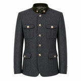 A dark gray textured wool jacket with a contrasting dark green collar and gold-tone buttons, displayed on a clean white background.