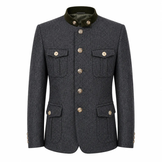 A dark gray textured wool jacket with a contrasting dark green collar and gold-tone buttons, displayed on a clean white background.