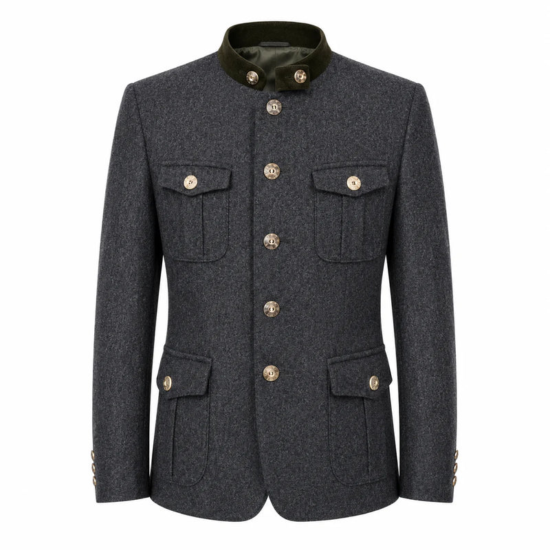 A dark gray textured wool jacket with a contrasting dark green collar and gold-tone buttons, displayed on a clean white background.