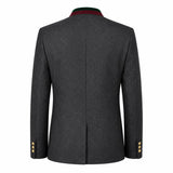 The back view of a dark gray textured blazer jacket, featuring a green and red striped collar and gold buttons on the cuffs, set against a plain white background.