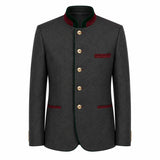 A dark gray wool-blend jacket with a mandarin collar, featuring gold buttons, red-green striped trim on the collar, chest pocket, and pocket flaps, and gold button accents on the cuffs, shown against a plain white background.