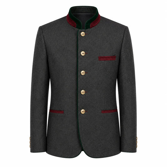 A dark gray wool-blend jacket with a mandarin collar, featuring gold buttons, red-green striped trim on the collar, chest pocket, and pocket flaps, and gold button accents on the cuffs, shown against a plain white background.