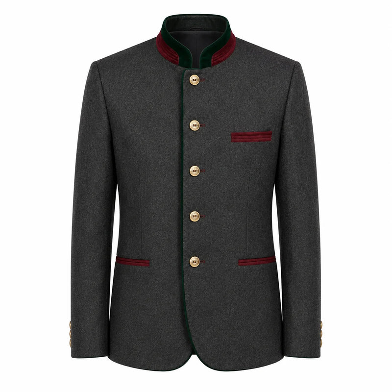 A dark gray wool-blend jacket with a mandarin collar, featuring gold buttons, red-green striped trim on the collar, chest pocket, and pocket flaps, and gold button accents on the cuffs, shown against a plain white background.