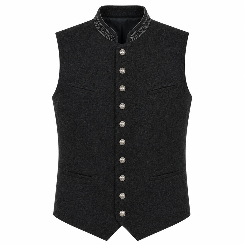 A dark gray wool-blend waistcoat vest with a mandarin collar, decorative silver-gray embroidery on the collar, and a front button closure with silver buttons.