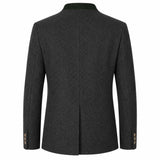 A dark charcoal gray textured wool blazer shown from the back, featuring a subtle green inner collar and three decorative buttons on each cuff, set against a plain white background.