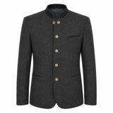 A dark gray textured wool jacket with a mandarin collar and gold-tone buttons, displayed on a clean white background.
