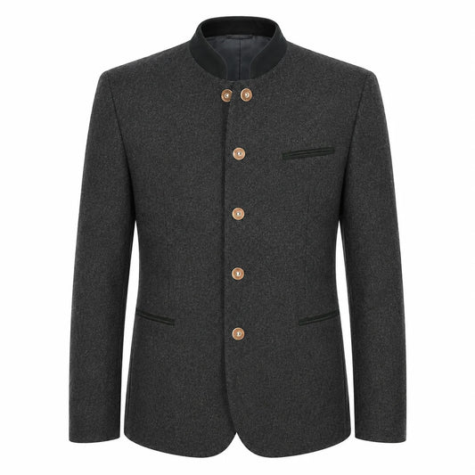 A dark gray textured wool jacket with a mandarin collar and gold-tone buttons, displayed on a clean white background.