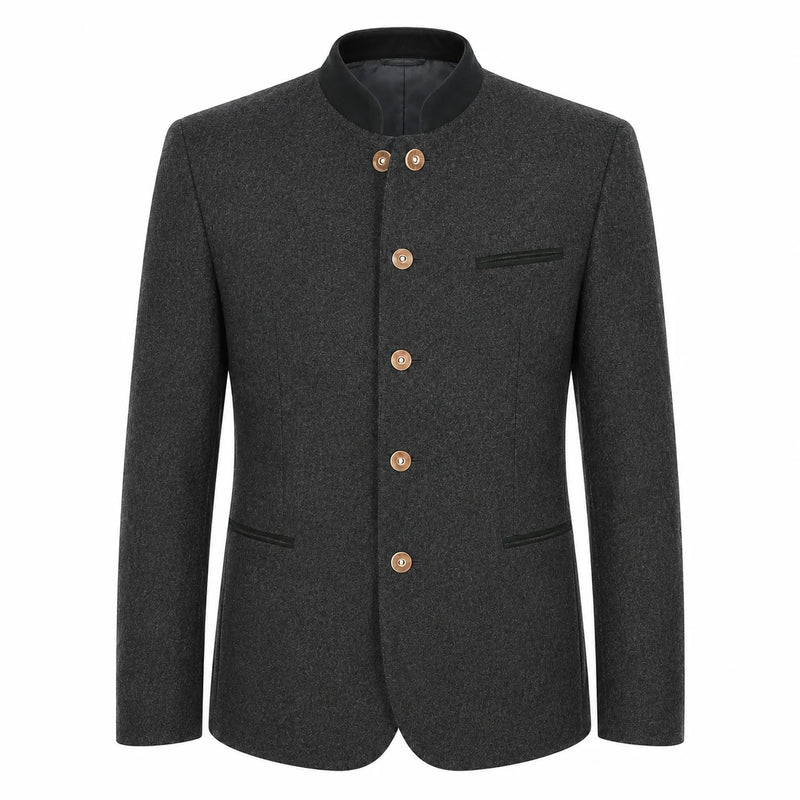A dark gray textured wool jacket with a mandarin collar and gold-tone buttons, displayed on a clean white background.