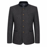 A dark gray textured wool-blend jacket with a mandarin collar, four brown buttons, and front flap pockets, shown on a plain white background.