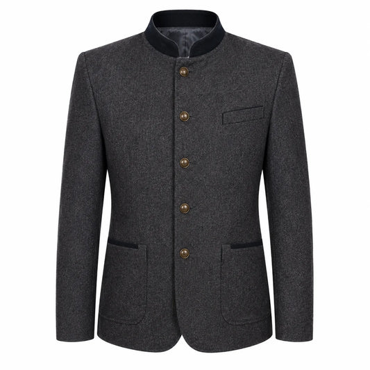 A dark gray textured wool-blend jacket with a mandarin collar, four brown buttons, and front flap pockets, shown on a plain white background.