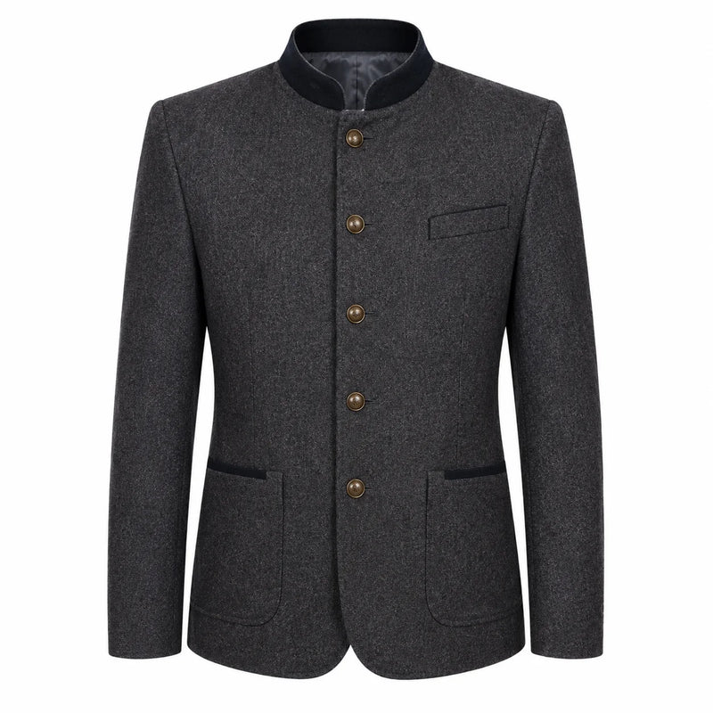 A dark gray textured wool-blend jacket with a mandarin collar, four brown buttons, and front flap pockets, shown on a plain white background.