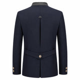 A dark navy blue men's blazer shown from the back, featuring a structured collar, a central back seam, a matching waist belt with a single gold-tone button, and gold button details on the cuffs.