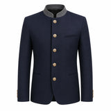 A men's traditional-style jacket in dark navy blue with a contrasting gray stand collar and decorative gold buttons, shown on a plain white background.