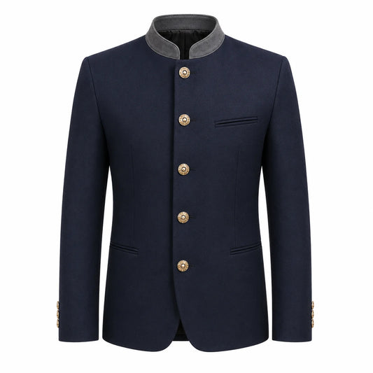 A men's traditional-style jacket in dark navy blue with a contrasting gray stand collar and decorative gold buttons, shown on a plain white background.