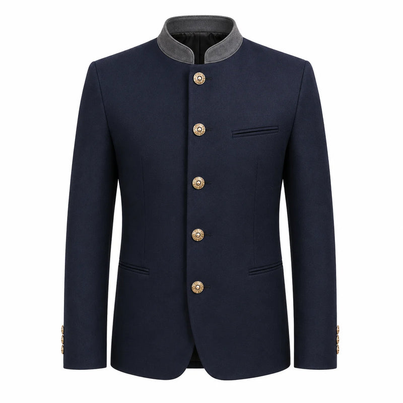 A men's traditional-style jacket in dark navy blue with a contrasting gray stand collar and decorative gold buttons, shown on a plain white background.